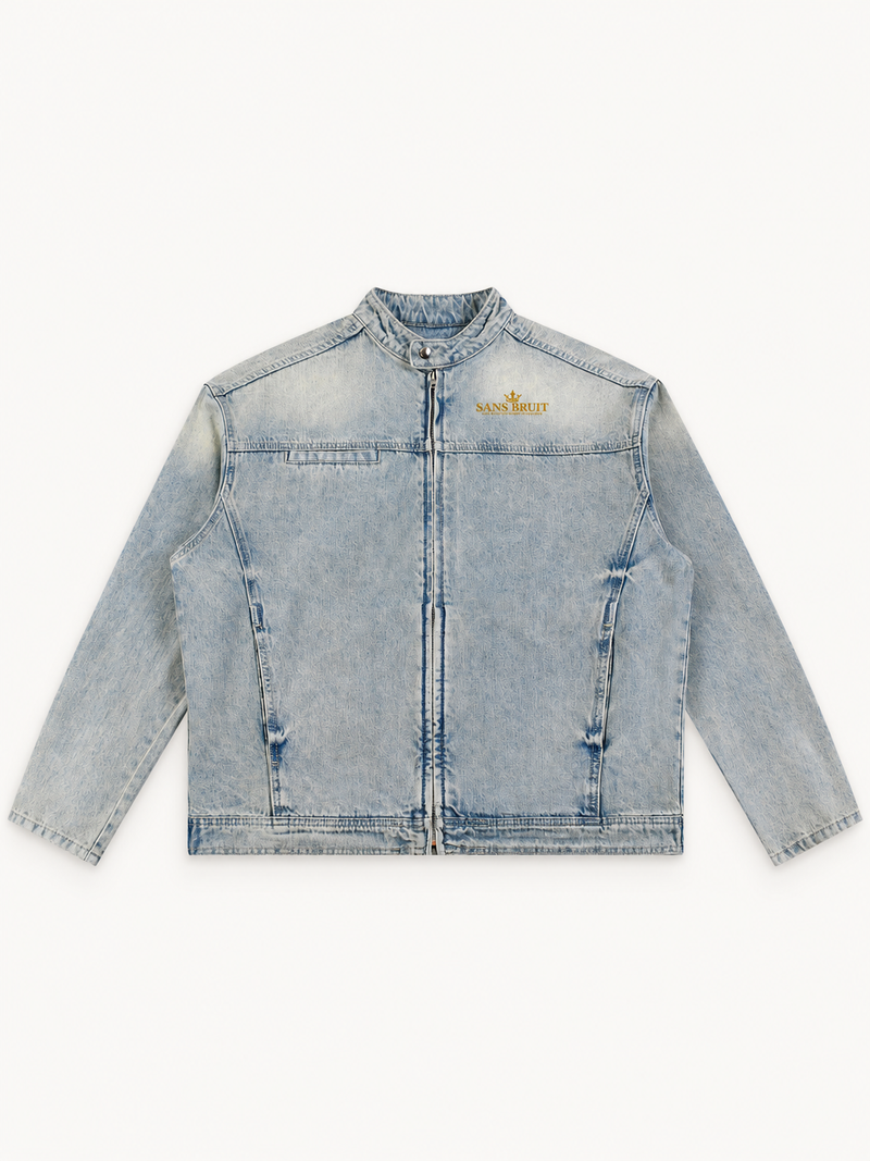 NO NOISE™ Sans Bruit moto denim jacket in vintage wash — front view