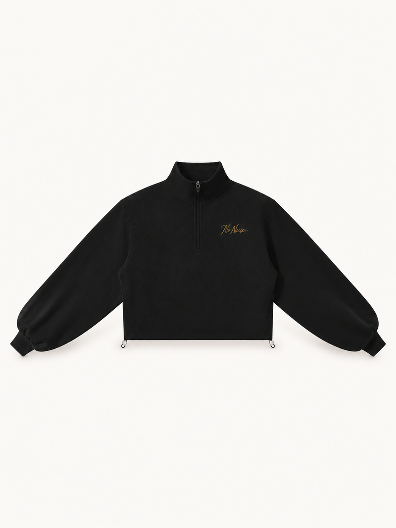 NO NOISE Signature HER — Mock-Neck Quarter-Zip Sweatshirt, black, front view showing quarter zipper, mock neck and broad sleeves.