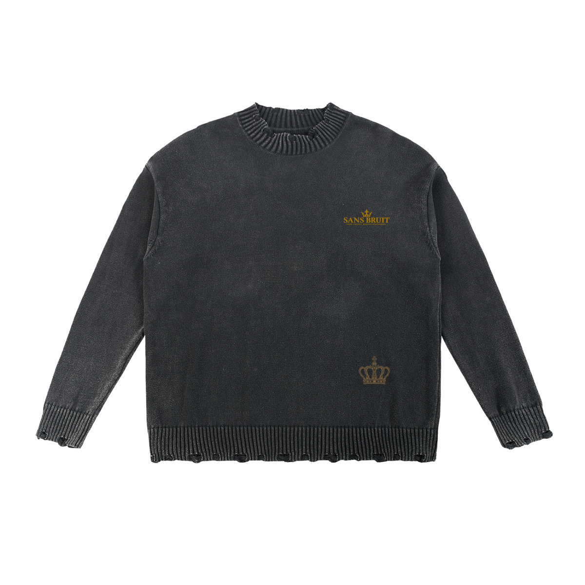 Silent Standard frayed knit sweater in washed black with a small gold SANS BRUIT chest mark