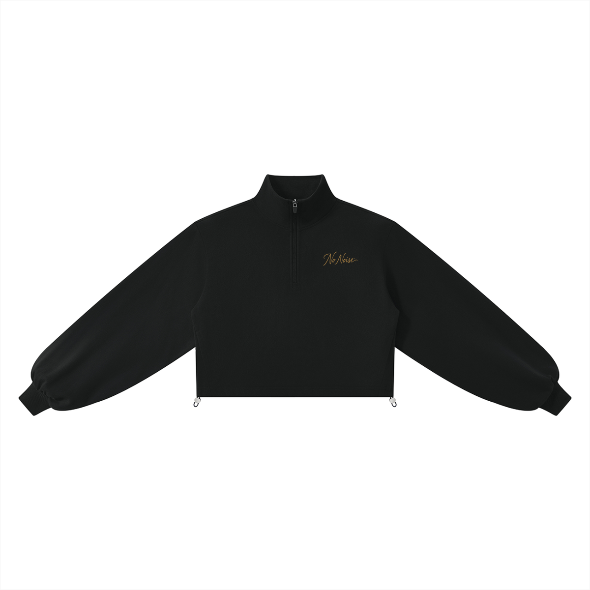 Signature HER cropped mock-neck quarter-zip sweatshirt in black with an antique-gold NO NOISE script