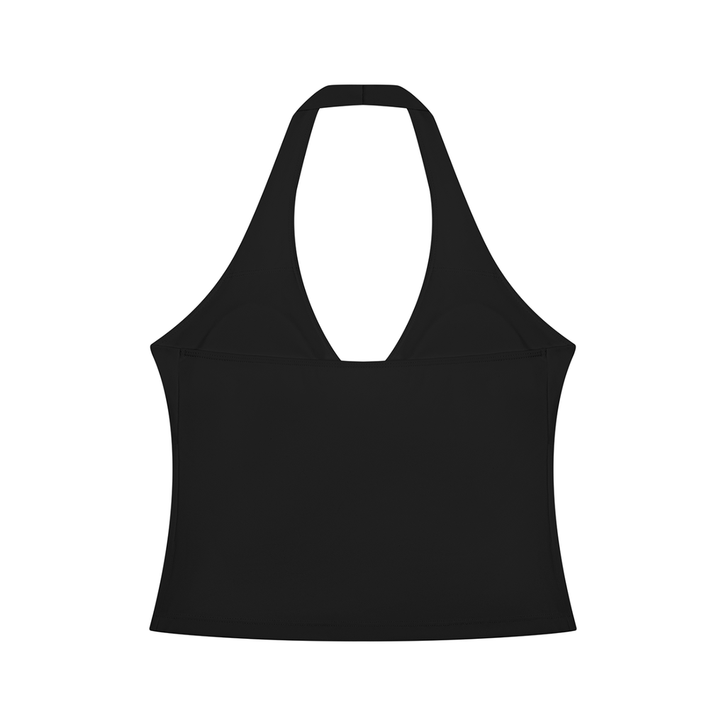 NO NOISE Muse Ruched Halter Top — Onyx, black, back view showing halter strap and straight back.