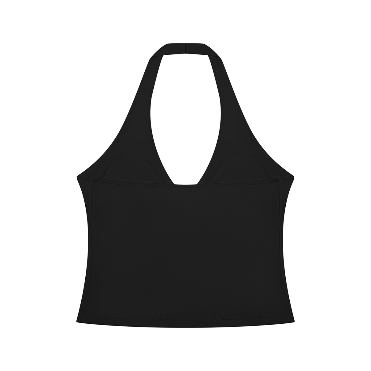 NO NOISE Muse Ruched Halter Top — Onyx, black, back view showing halter strap and straight back.