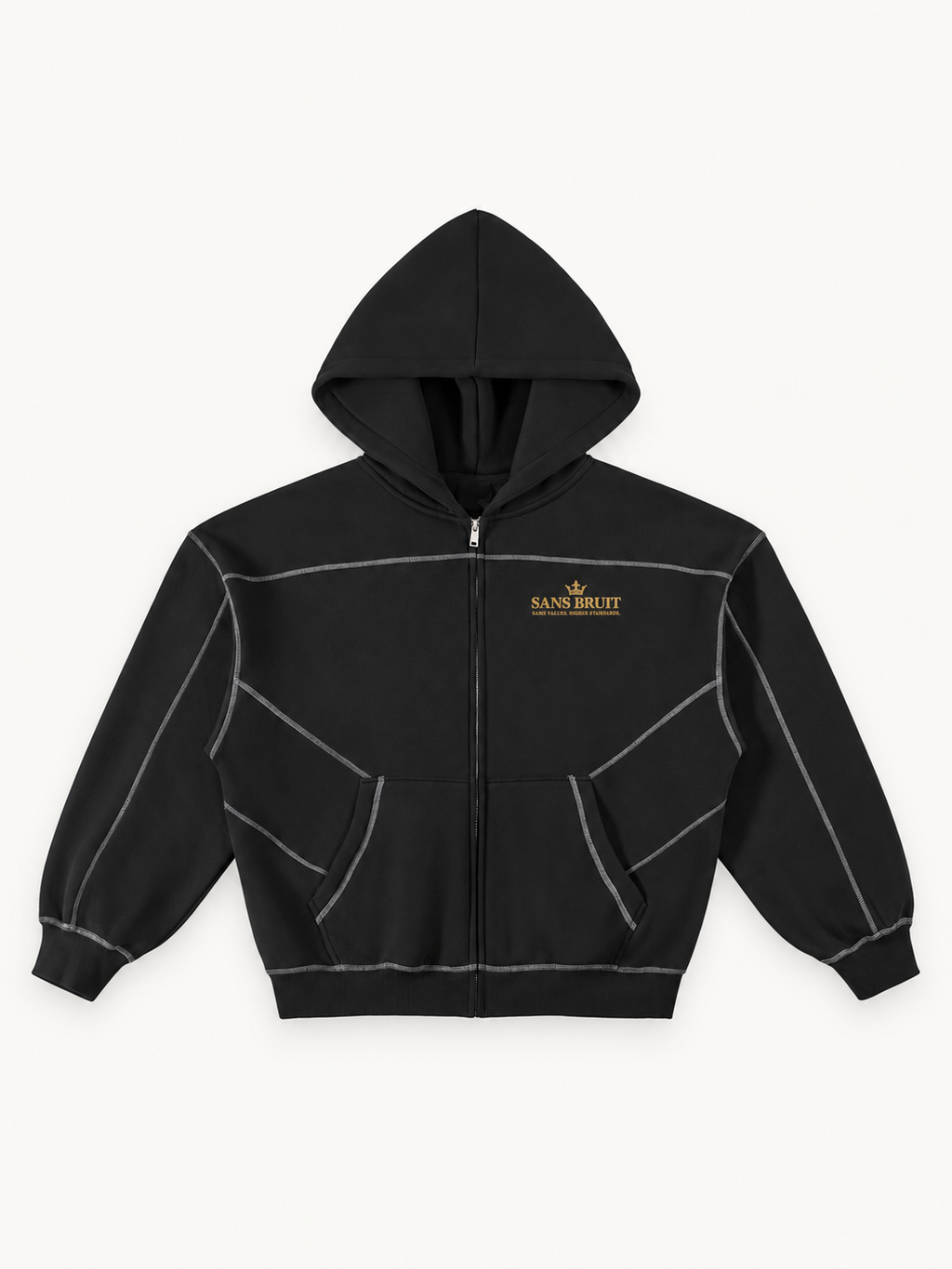 Contrast-Stitched Boxy Zip Hoodie — Black