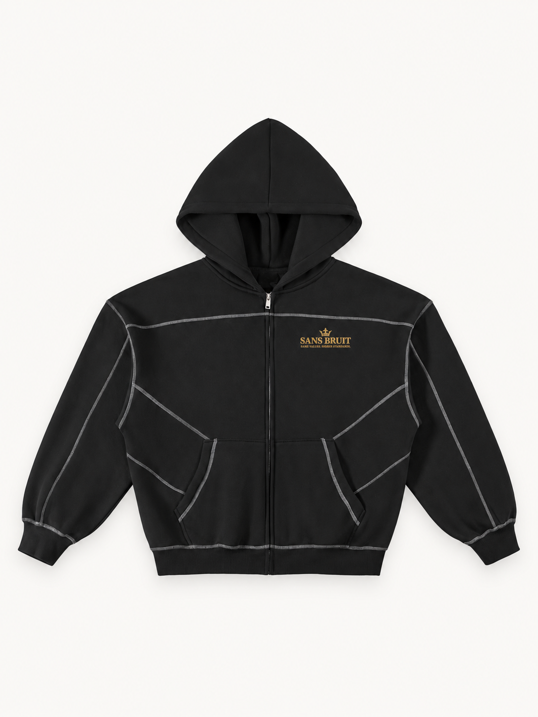 Contrast-Stitched Boxy Zip Hoodie — Black
