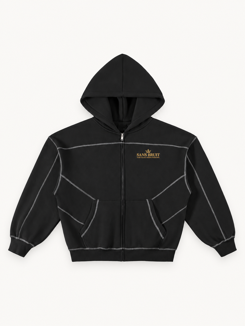 Contrast-Stitched Boxy Zip Hoodie — Black