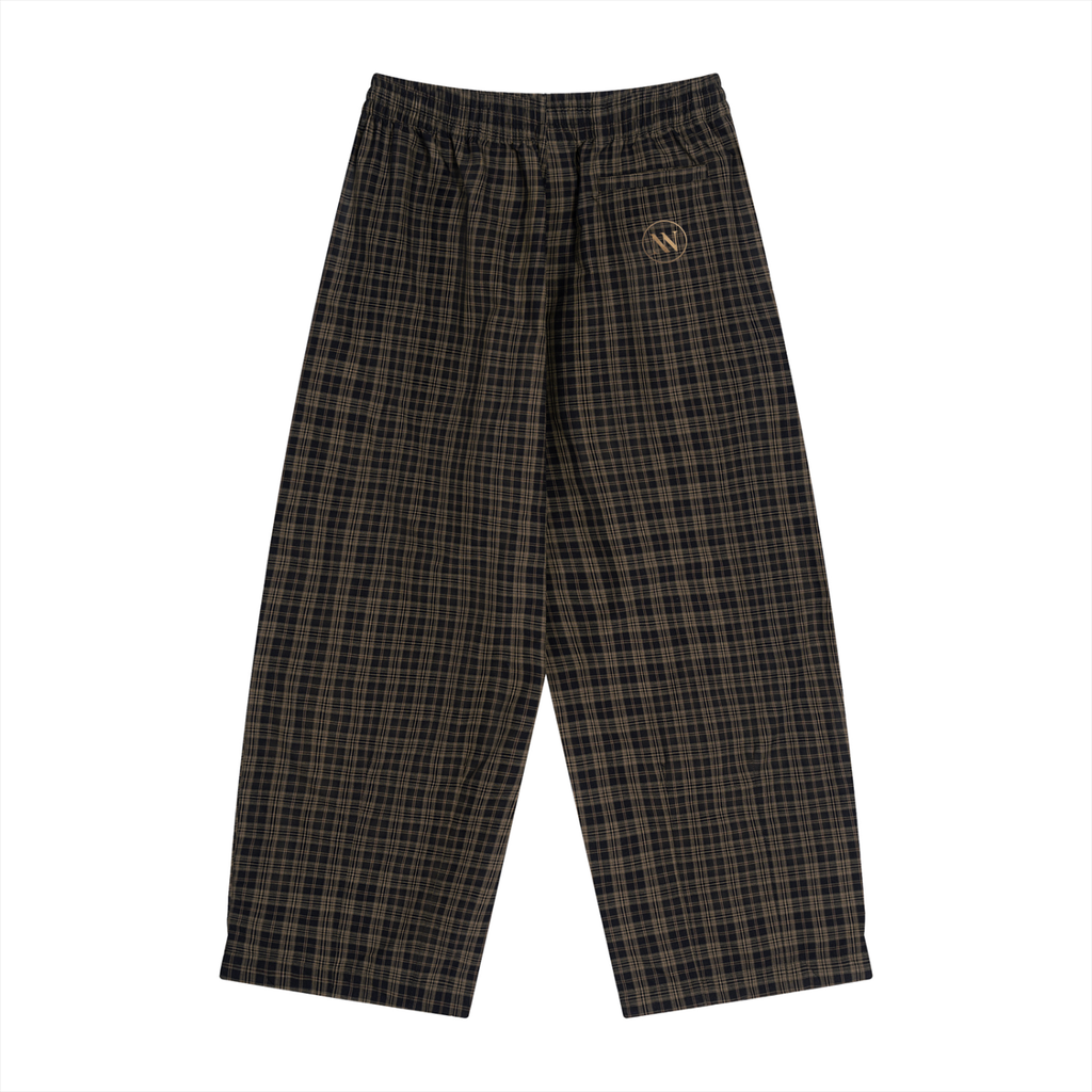 Wide-leg plaid pants in Black Plaid, back view, showing the elastic waist and straight hems.