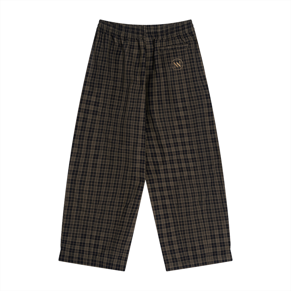 Wide-leg plaid pants in Black Plaid, back view, showing the elastic waist and straight hems.