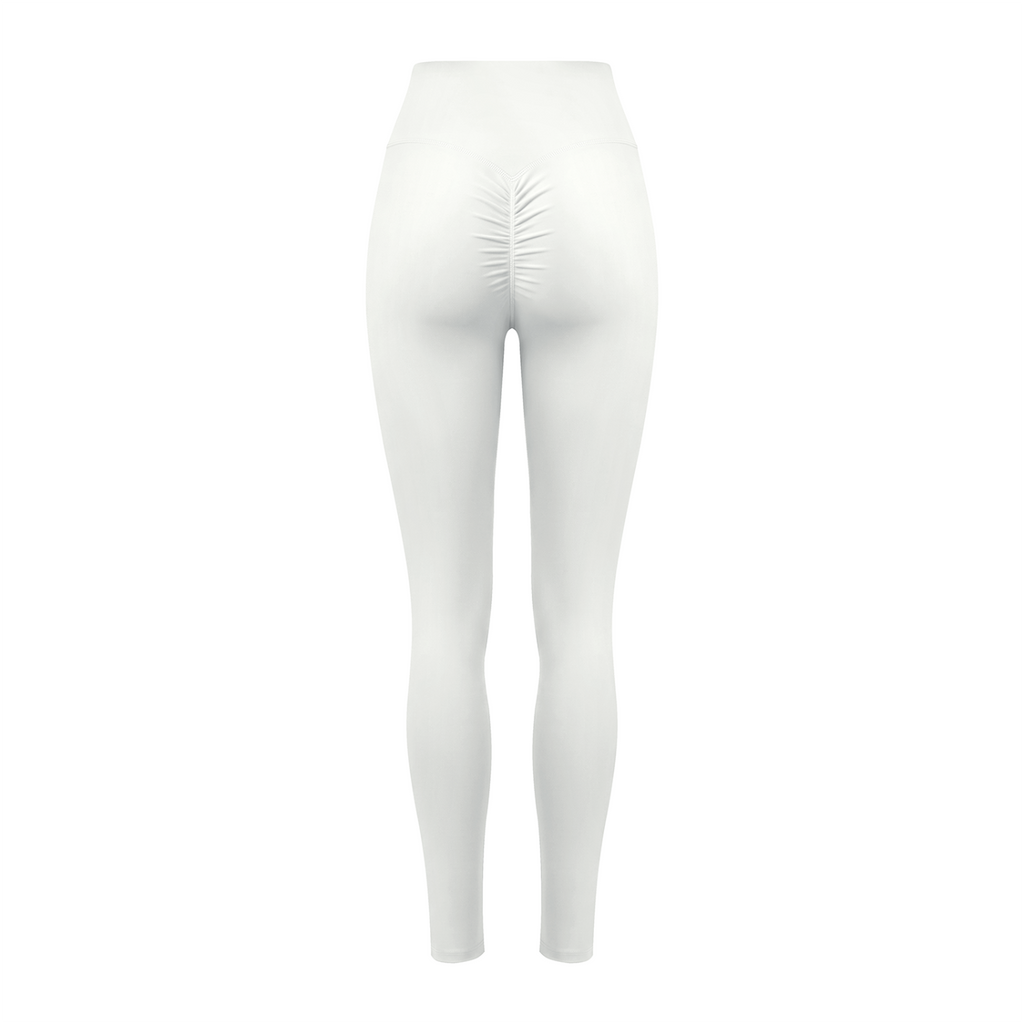 NO NOISE Poise High-Rise Leggings — Chalk, white, back shaped product view showing ruched seam.