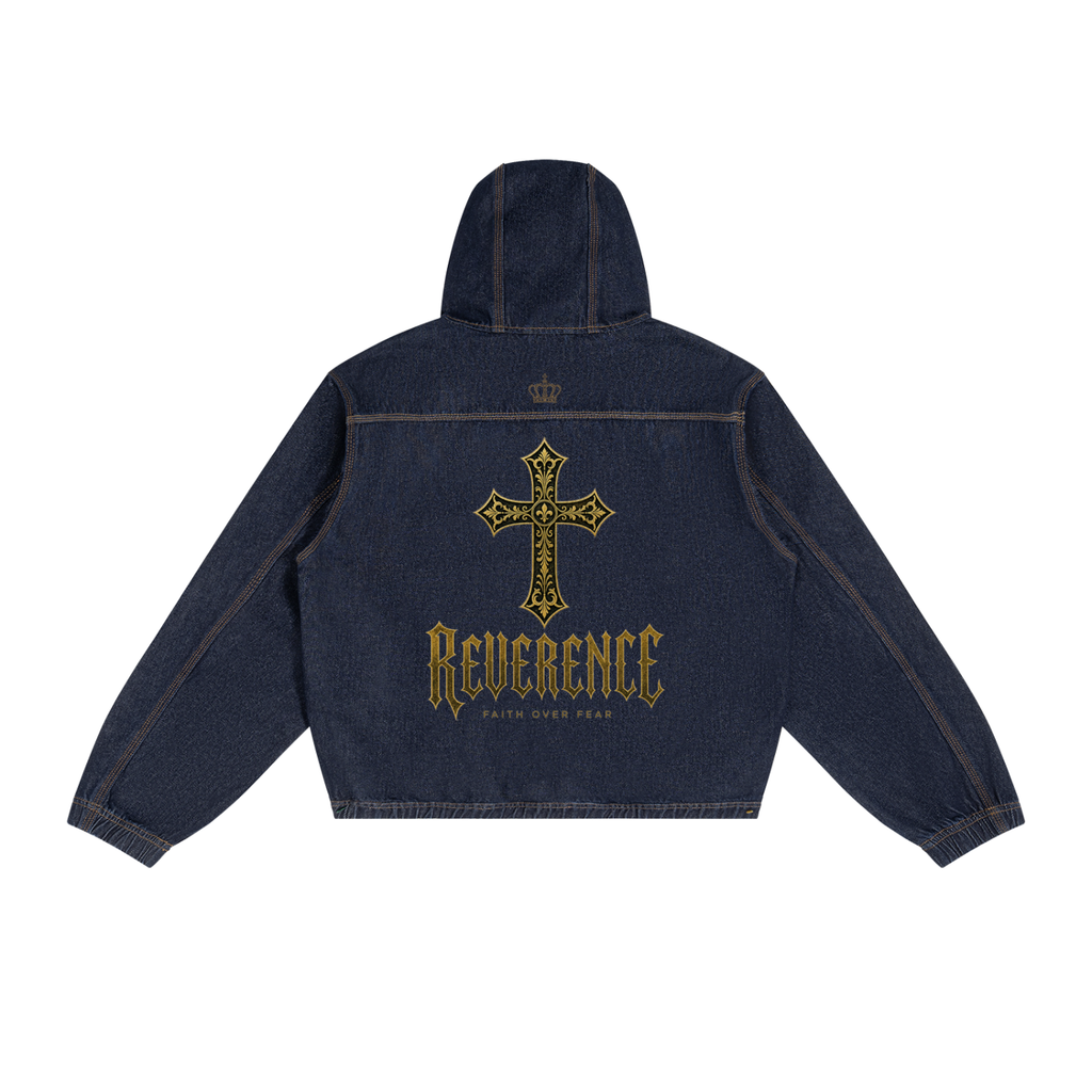 GOD Reverence denim hooded jacket, back view with ornate cross and Faith Over Fear artwork