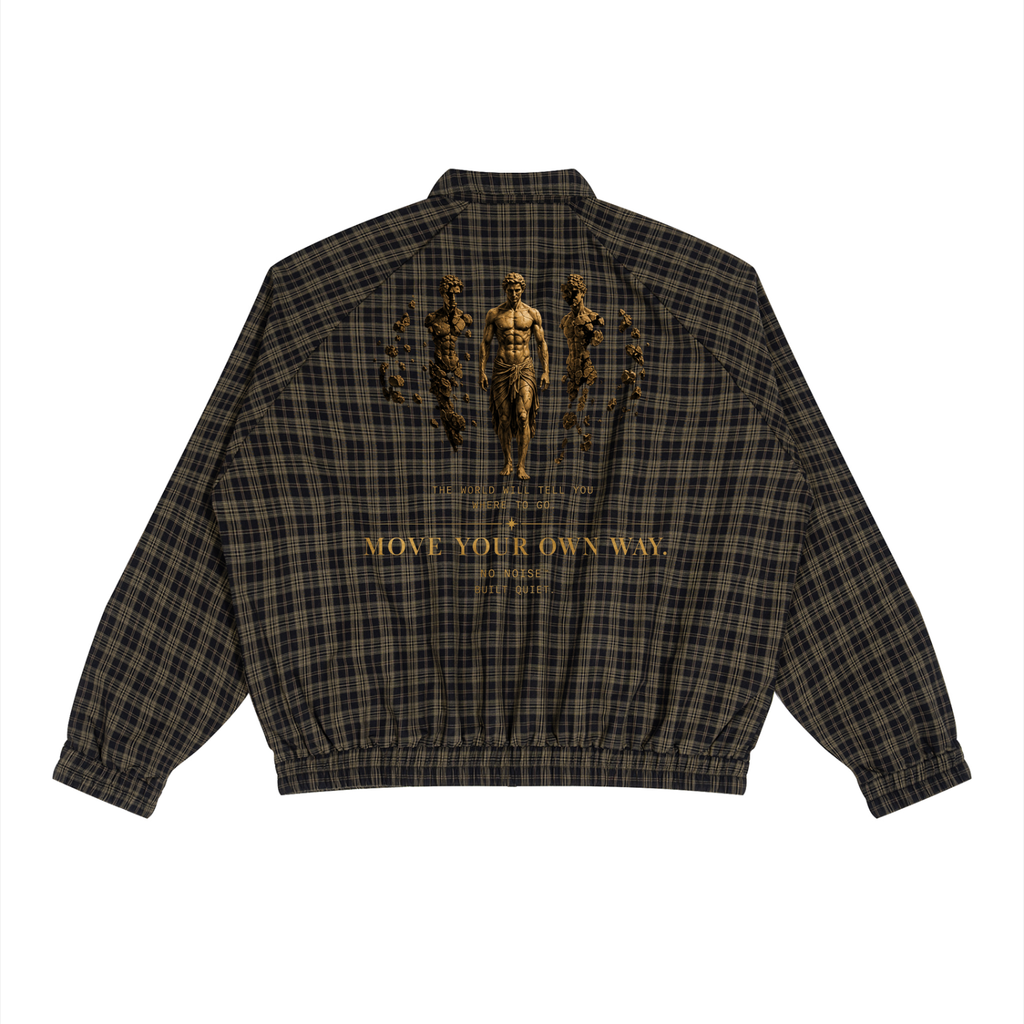 Plaid full-zip track jacket in Black Plaid, back view, showing gold-tone back artwork and an elastic hem.