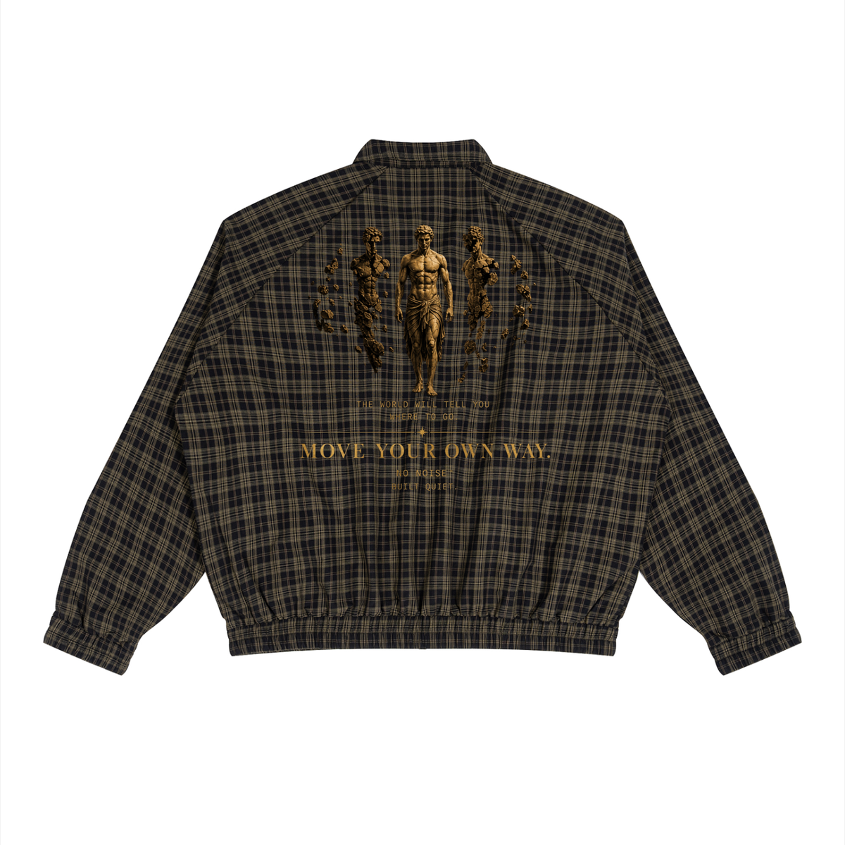 Plaid full-zip track jacket in Black Plaid, back view, showing gold-tone back artwork and an elastic hem.