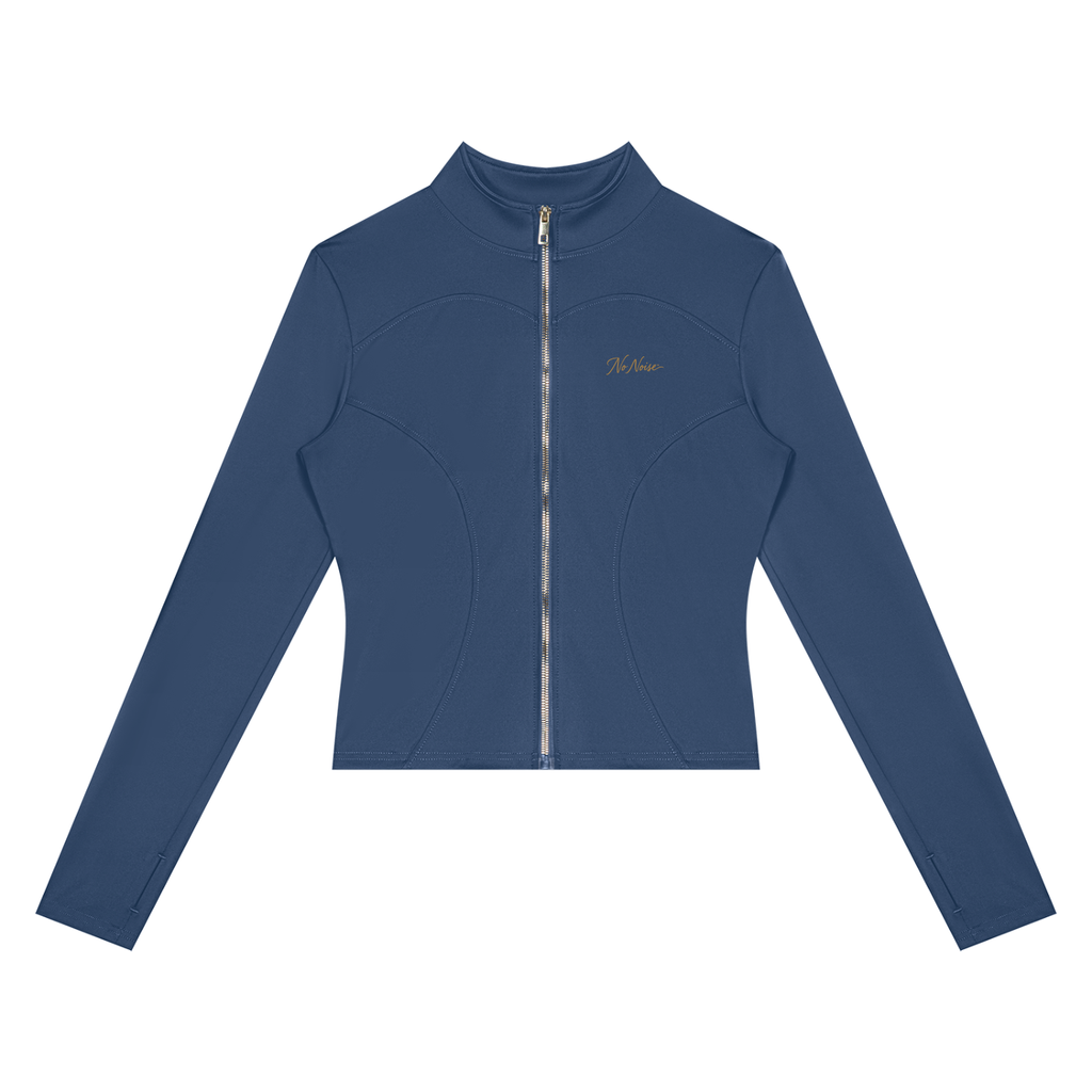 NO NOISE™ Navy blue paneled zip jacket, front