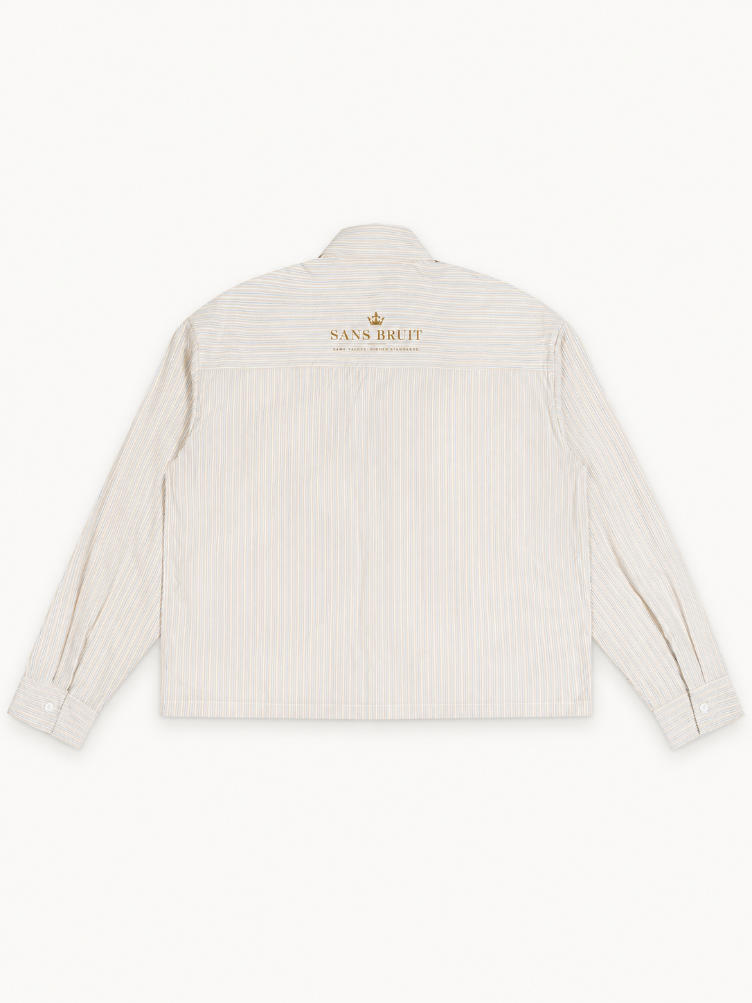 NO NOISE Quiet Conviction Unisex Boxy Striped Shirt — Apricot White, back view showing fine stripes and small gold lettering.