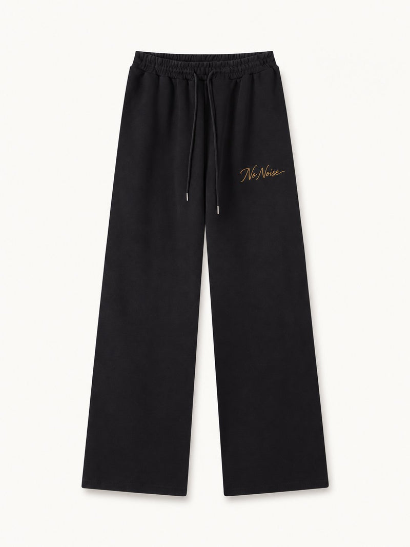 NO NOISE Signature HER Straight-Leg Sweatpants, black, front view showing drawstring waist, straight legs and gold script.