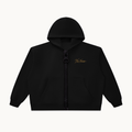 Quiet Form black chunky-zip hoodie, front view with ring-pull zipper and gold No Noise chest script