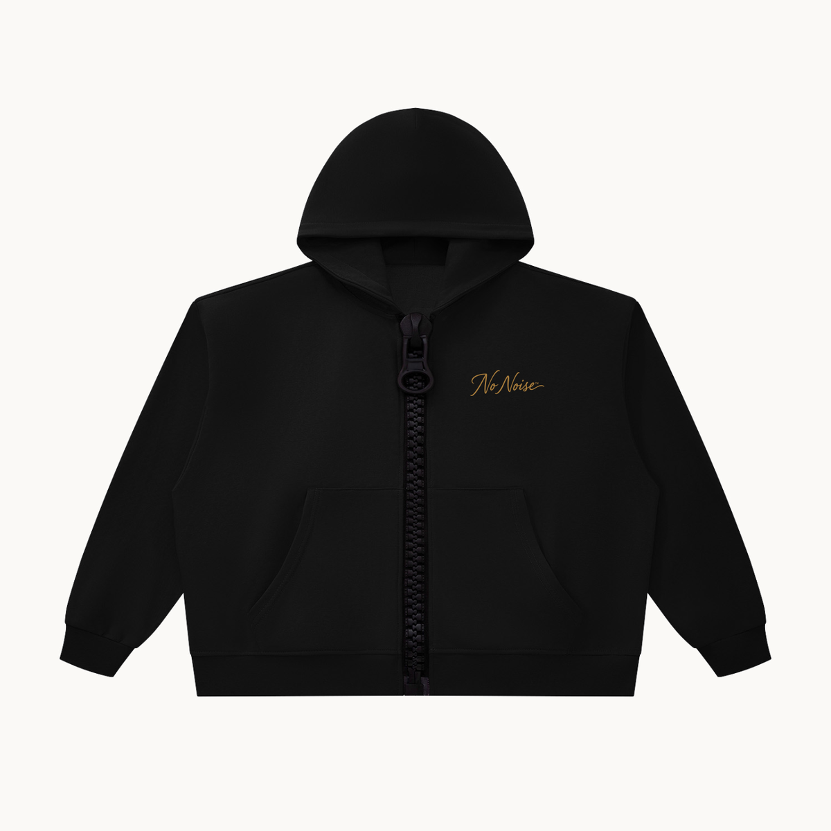 Quiet Form black chunky-zip hoodie, front view with ring-pull zipper and gold No Noise chest script