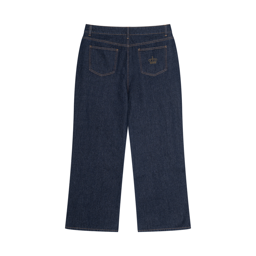 GOD Reverence dark blue denim jeans, back view with crown detail on the right pocket