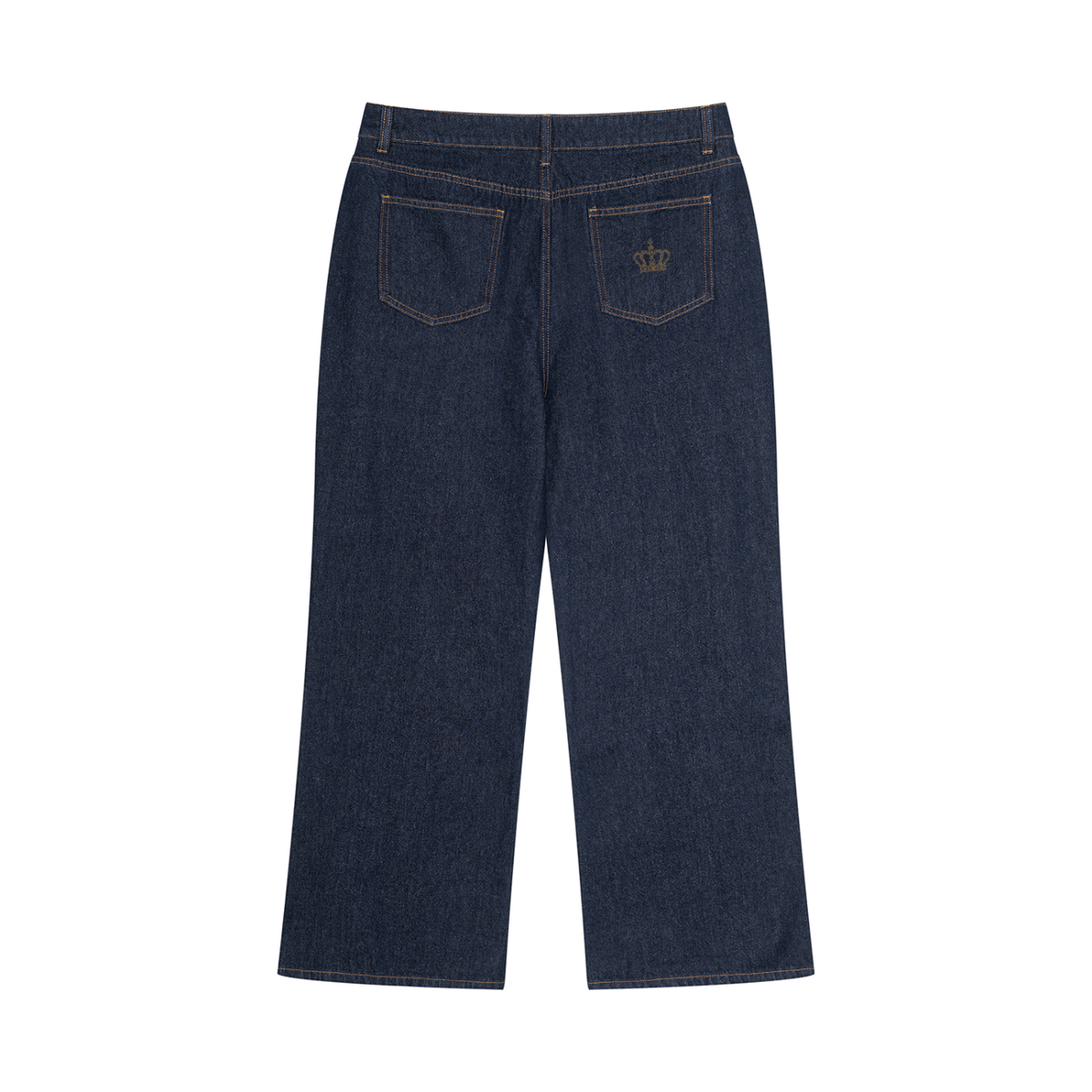 GOD Reverence dark blue denim jeans, back view with crown detail on the right pocket