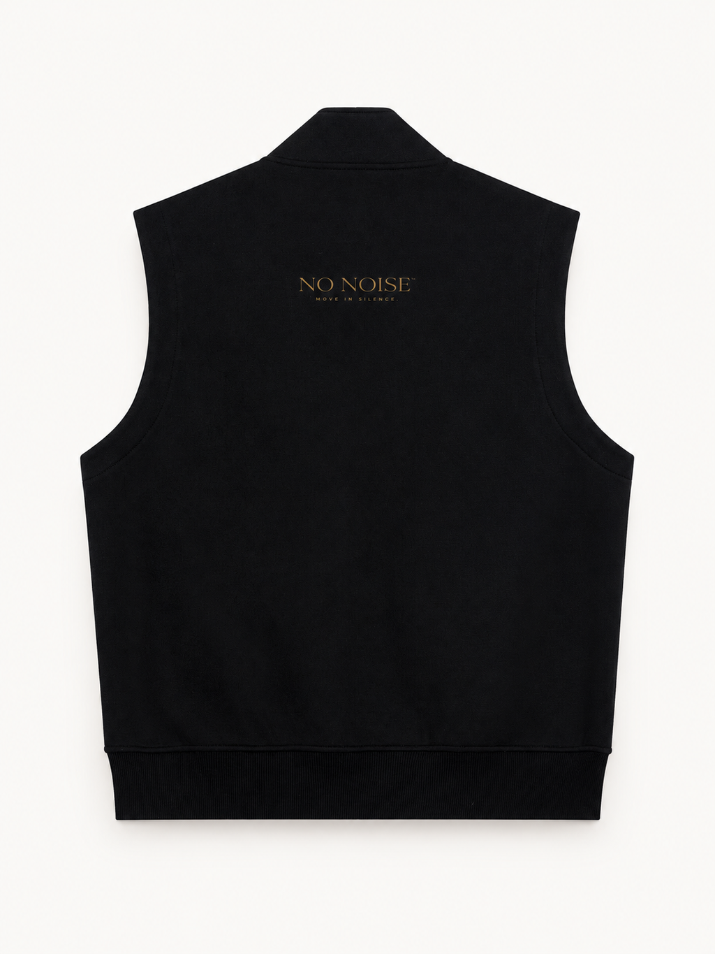 NO NOISE Essential Zip Vest — Charcoal, back view showing gold upper-back lettering.