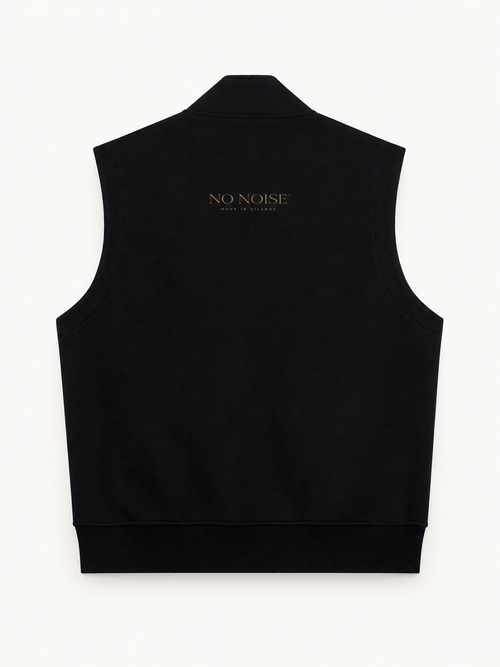 NO NOISE Essential Zip Vest — Charcoal, back view showing gold upper-back lettering.