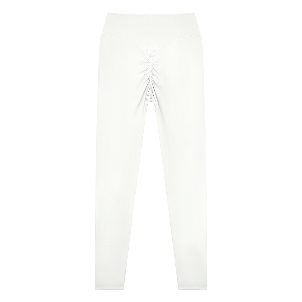 NO NOISE Poise High-Rise Leggings — Chalk, white, back flat view showing ruched seam.