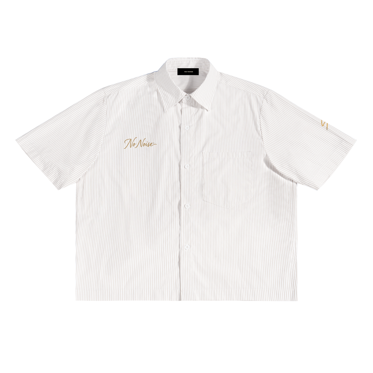 Quiet Conviction boxy shirt in Apricot White, front view, showing fine vertical stripes, short sleeves and gold-tone chest lettering.