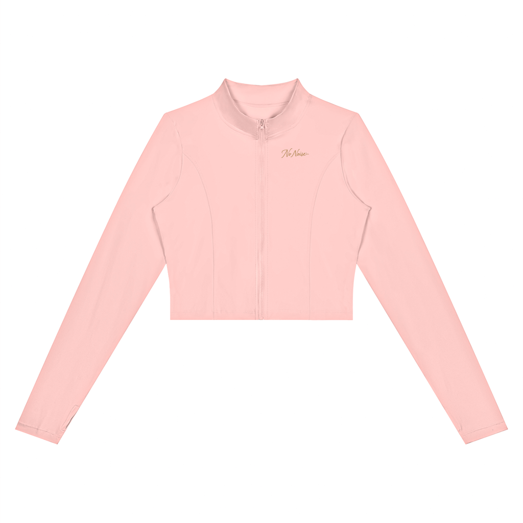 NO NOISE Form Cropped Jacket — Petal, pink, front view showing stand collar, zipper and curved panel seams.