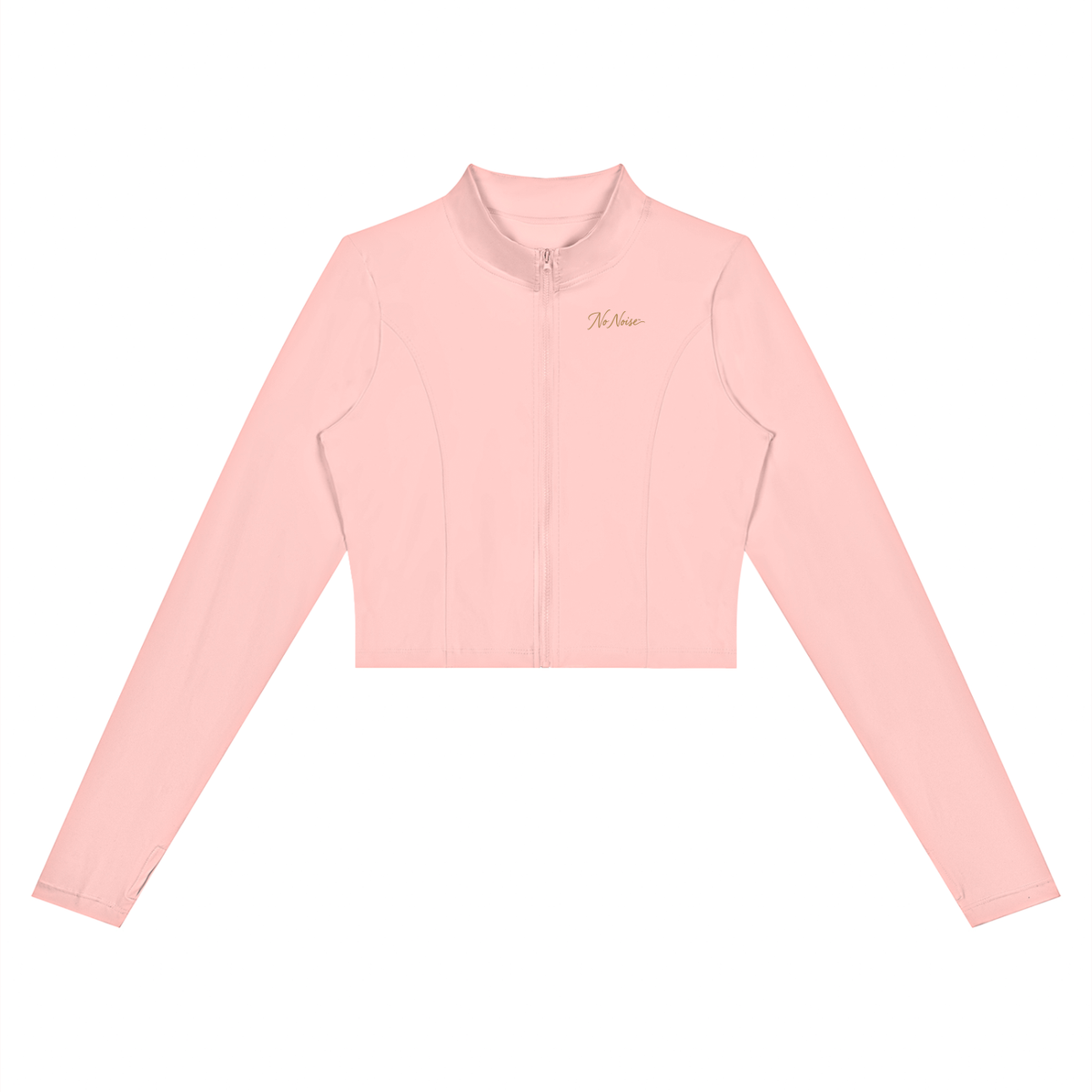 NO NOISE Form Cropped Jacket — Petal, pink, front view showing stand collar, zipper and curved panel seams.