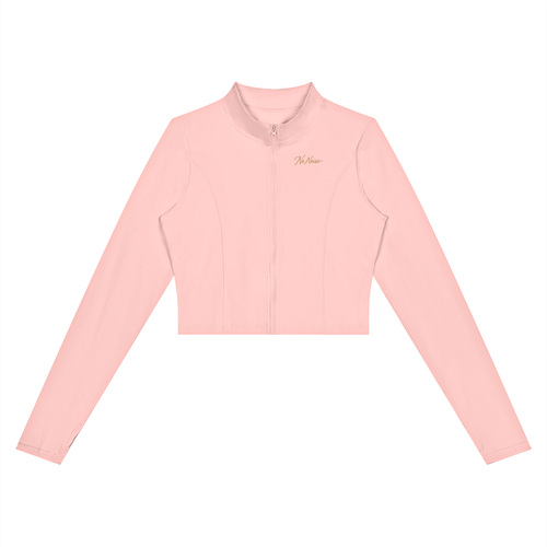 NO NOISE Form Cropped Jacket — Petal, pink, front view showing stand collar, zipper and curved panel seams.