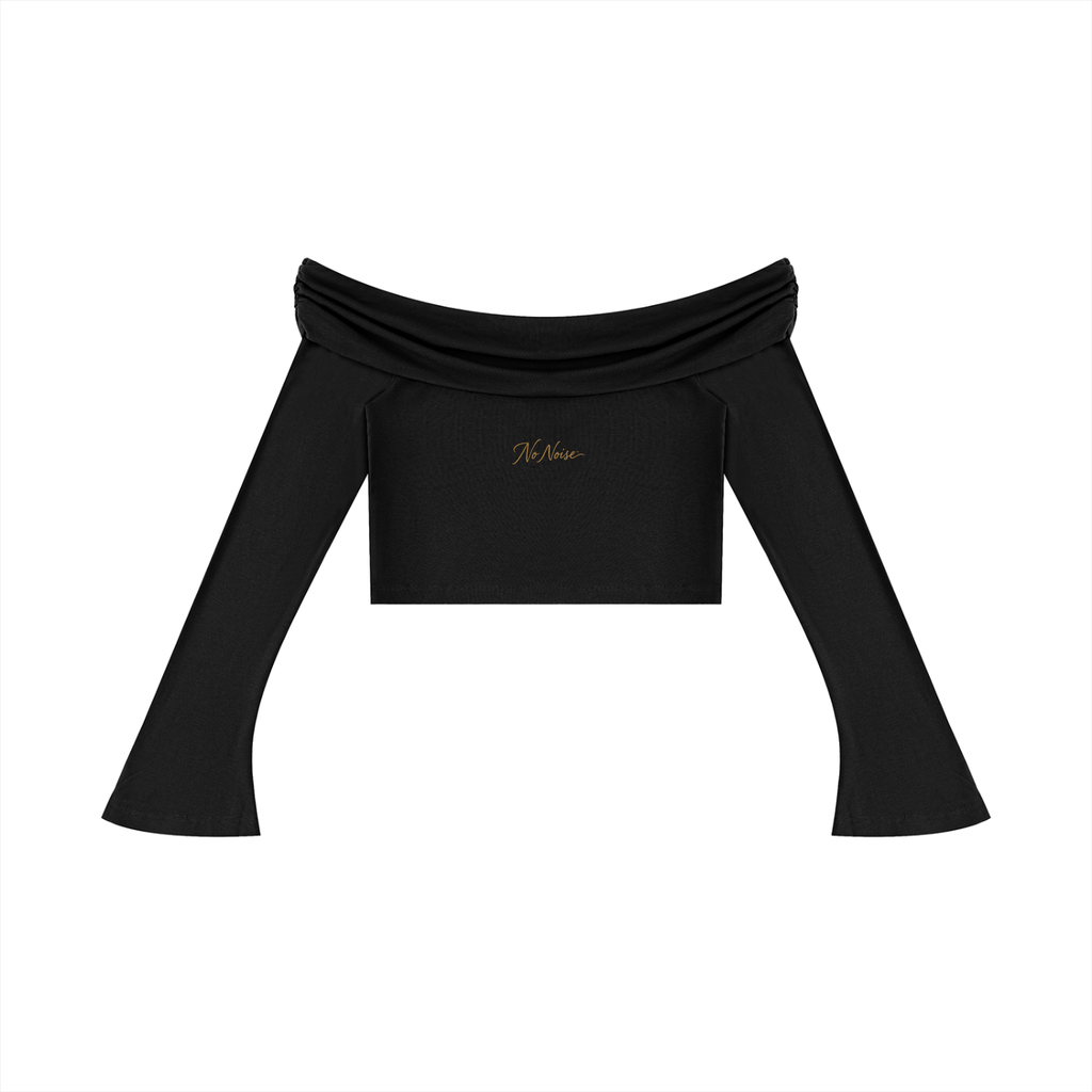 NO NOISE Off-Shoulder Bell-Sleeve Crop Top — Onyx, front flat view showing folded neckline and flared sleeves.