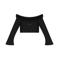 NO NOISE Off-Shoulder Bell-Sleeve Crop Top — Onyx, front flat view showing folded neckline and flared sleeves.