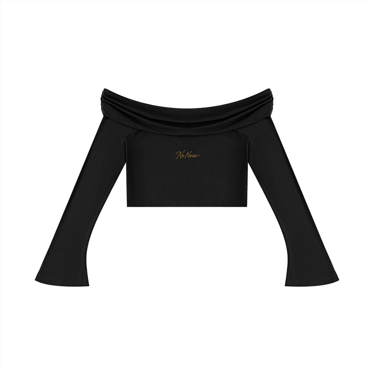 NO NOISE Off-Shoulder Bell-Sleeve Crop Top — Onyx, front flat view showing folded neckline and flared sleeves.