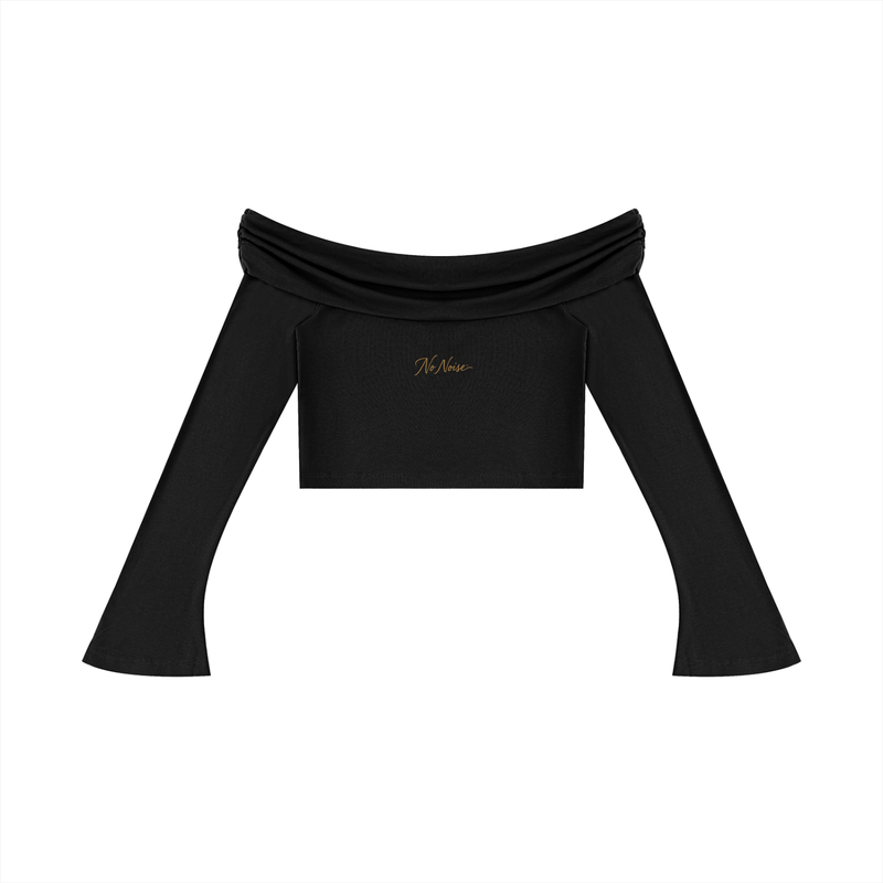 NO NOISE Off-Shoulder Bell-Sleeve Crop Top — Onyx, front flat view showing folded neckline and flared sleeves.