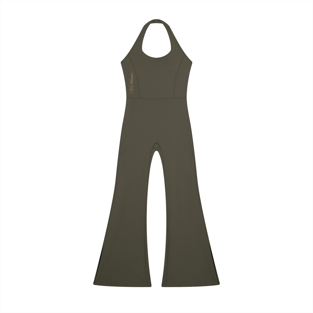 NO NOISE™ Motion Halter Jumpsuit — Army Green in army green — four-way stretch performance fabric, fitted fit — front view