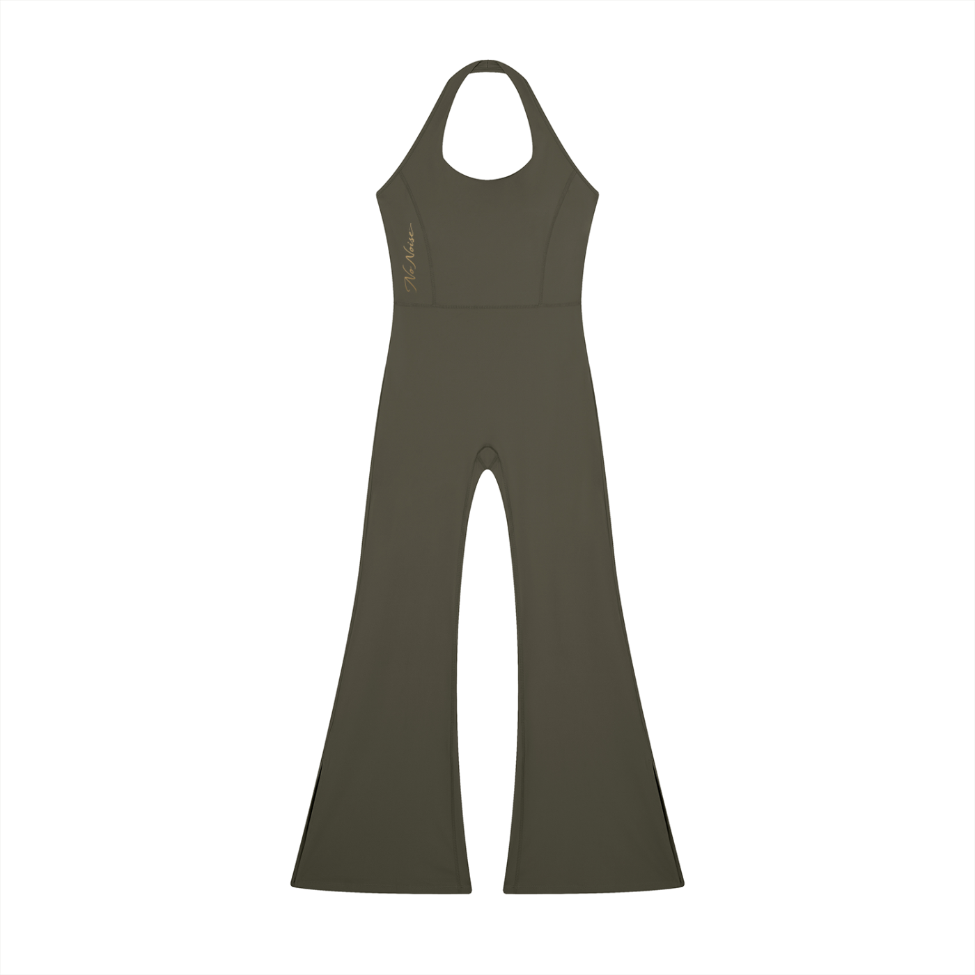 NO NOISE™ Motion Halter Jumpsuit — Army Green in army green — four-way stretch performance fabric, fitted fit — front view