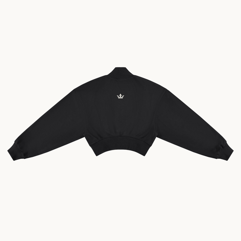 HER Collegiate cropped mock-neck sweatshirt in black, back view with small crown