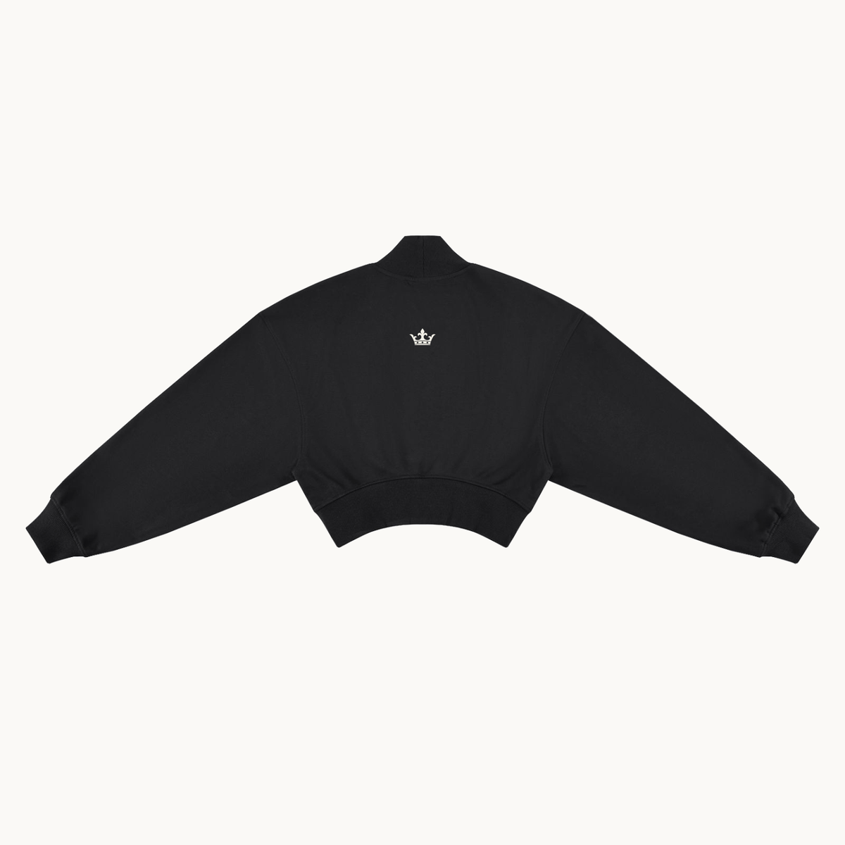 HER Collegiate cropped mock-neck sweatshirt in black, back view with small crown