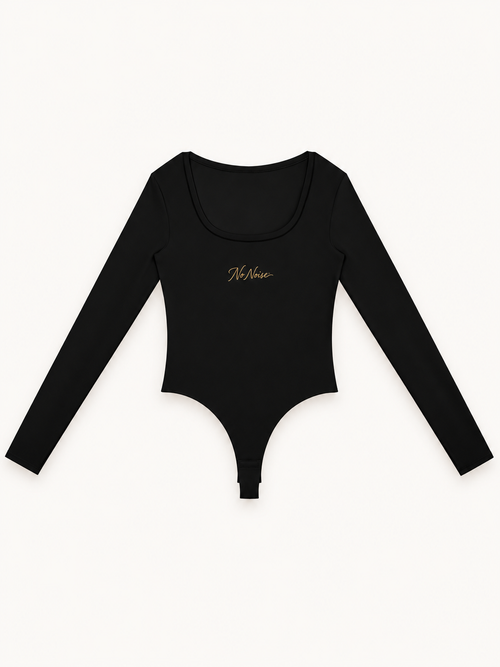 NO NOISE™ Foundation Bodysuit — Obsidian in obsidian black — ribbed stretch cotton-blend, fitted fit — front view