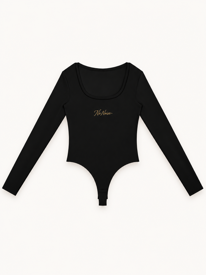 NO NOISE™ Foundation Bodysuit — Obsidian in obsidian black — ribbed stretch cotton-blend, fitted fit — front view