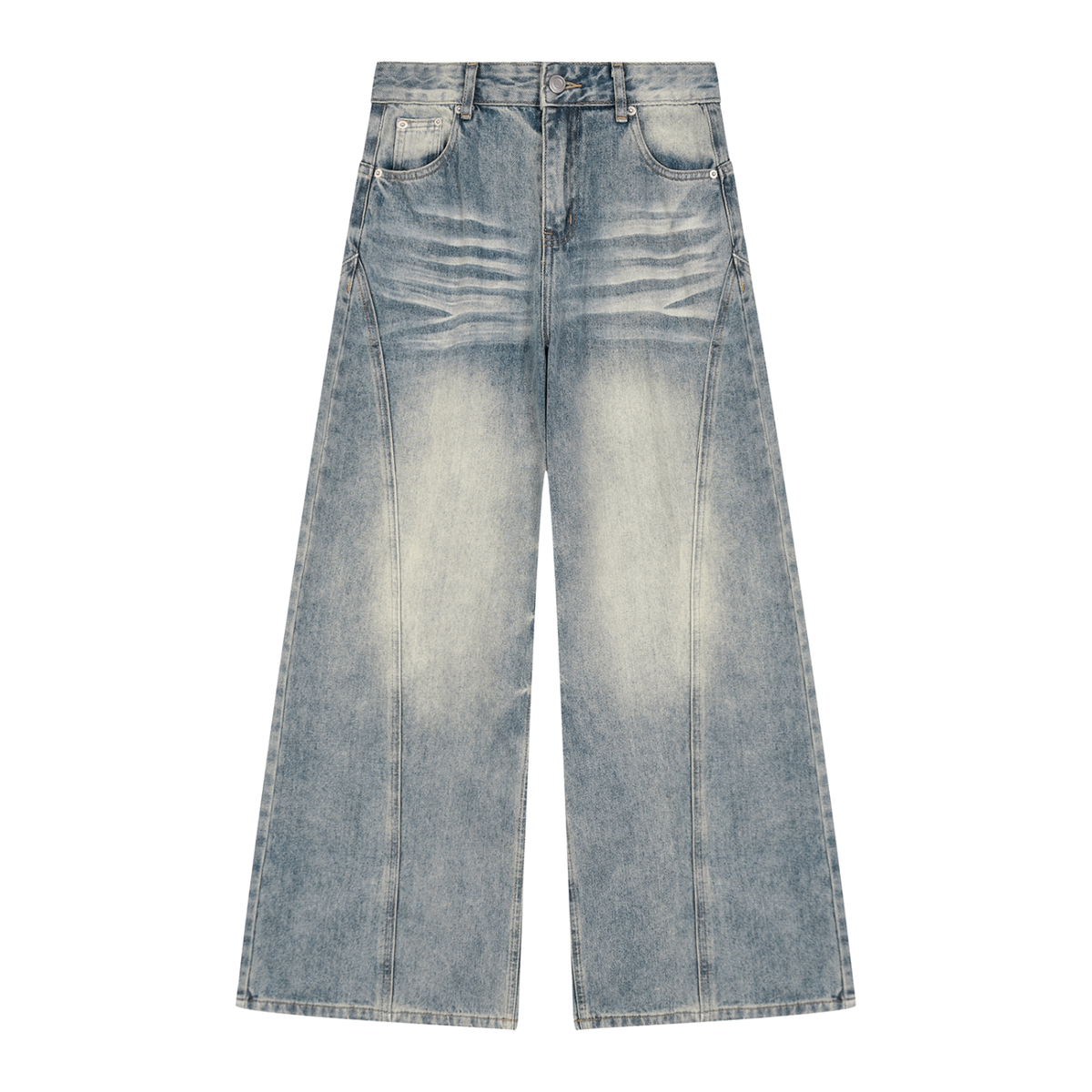 NO NOISE Women's Vintage-Wash Wide-Leg Jeans, blue denim, front view showing high waist, wide legs and faded thighs.