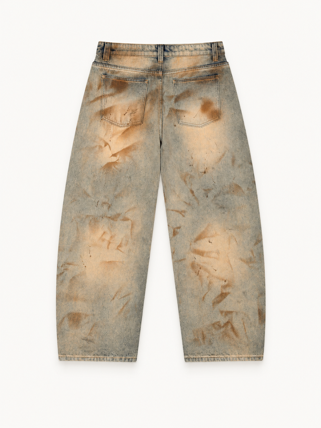 NO NOISE Patina Wide-Leg Jeans — Aged Sand, back view showing mottled aged wash and patch pockets.
