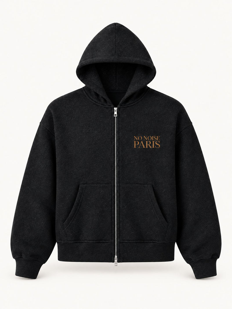 NO NOISE™ Chapter 001 Zip Hoodie in Noir — front view, zip front and hood