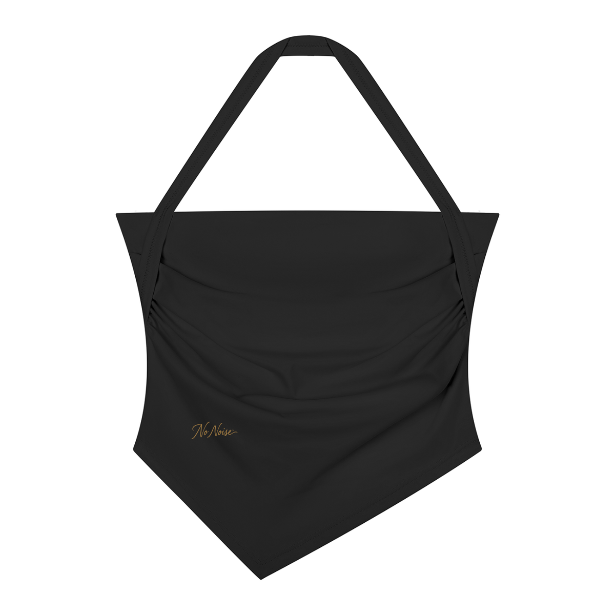 Black halter tank, front view, showing ruched detailing and the pointed hem pictured in the gallery.