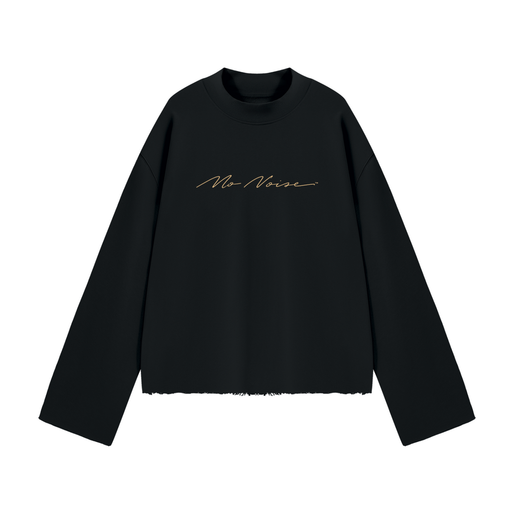 NO NOISE Signature Crew Mock Neck in Midnight black, front view with gold script across the chest.