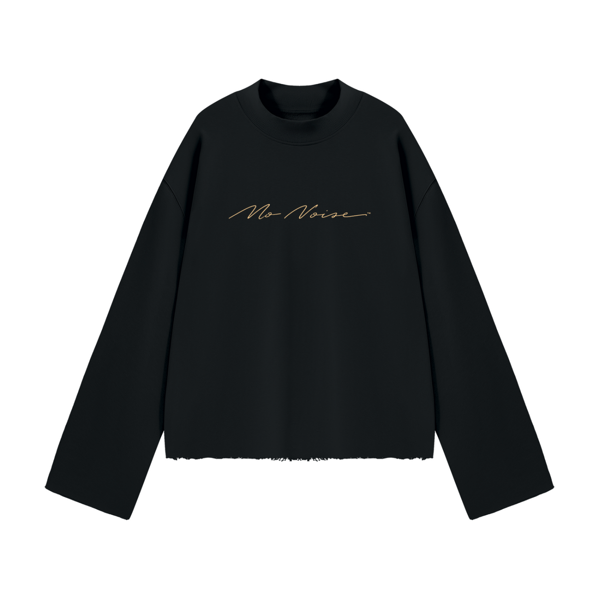 NO NOISE Signature Crew Mock Neck in Midnight black, front view with gold script across the chest.