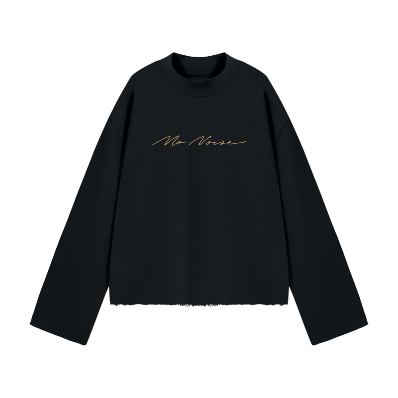 NO NOISE Signature Crew Mock Neck in Midnight black, front view with gold script across the chest.