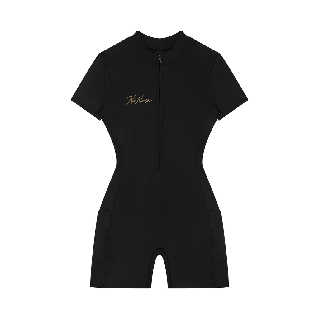 NO NOISE™ Motion Quarter-Zip Short Sleeve in black — performance stretch knit, athletic fit — front view