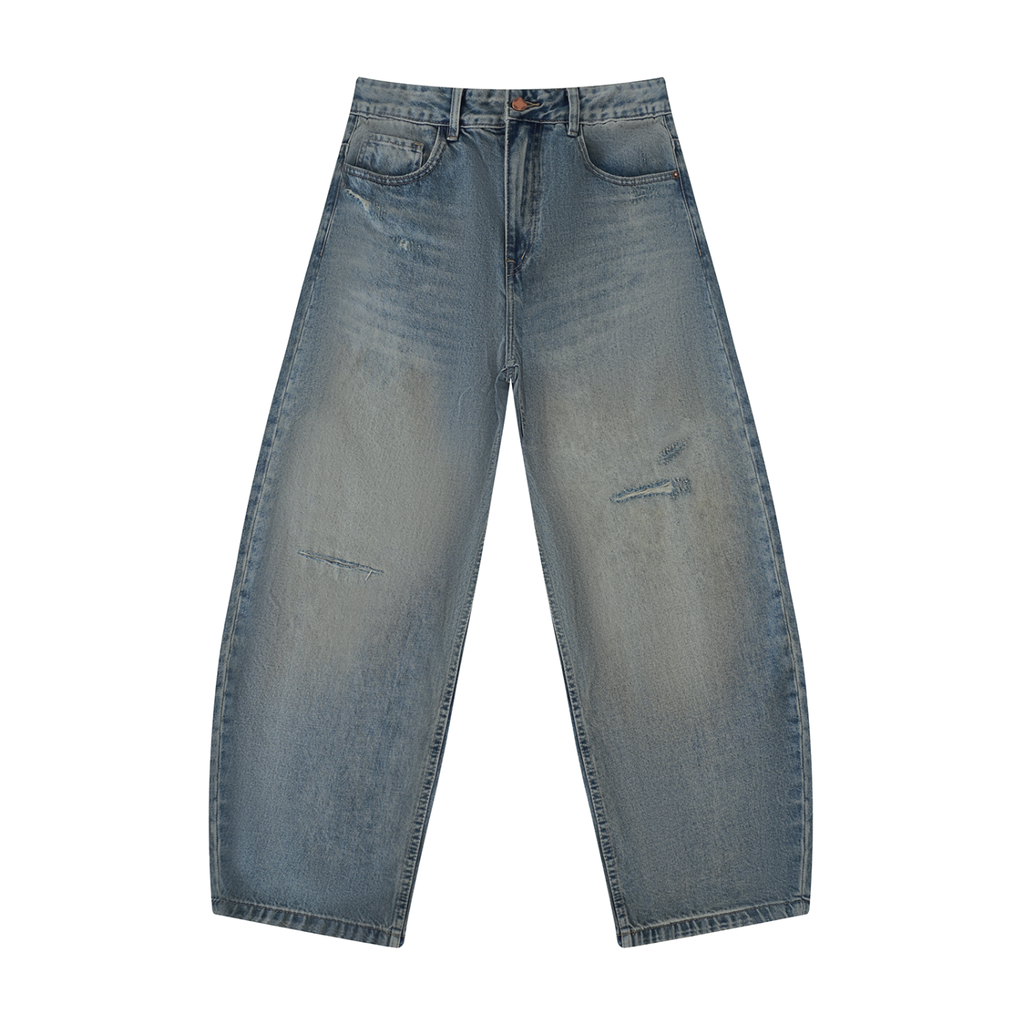 NO NOISE™ DISTRESSED BARREL LEG JEANS