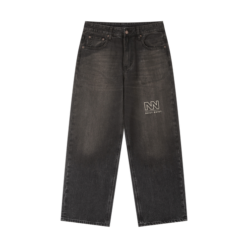 NO NOISE™ Built Quiet Jean Black Wash — front view, wide relaxed leg denim