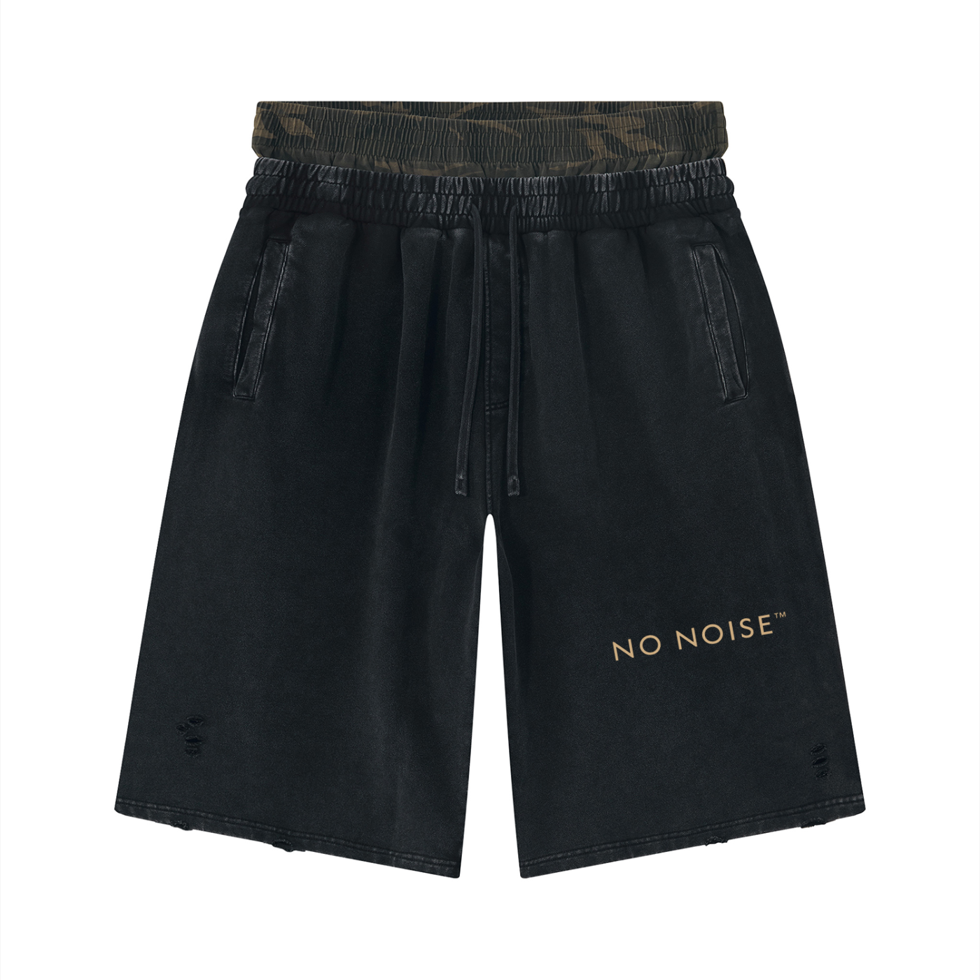 NO NOISE™ Vintage Wash Distressed Wide Leg Shorts — Khaki Camo